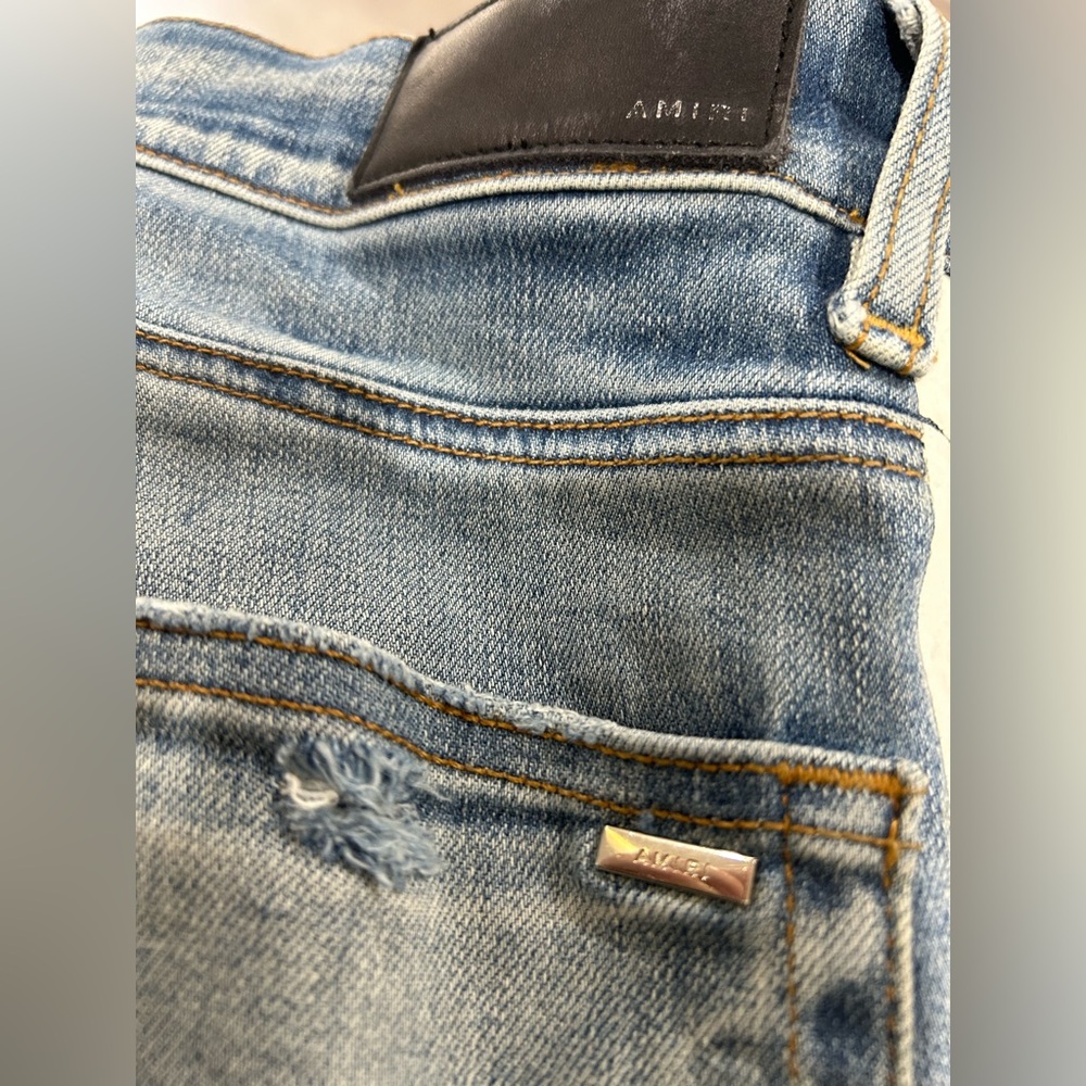 Amiri Broken Track distressed Skinny jeans w/white Stripe - Picture 12 of 16